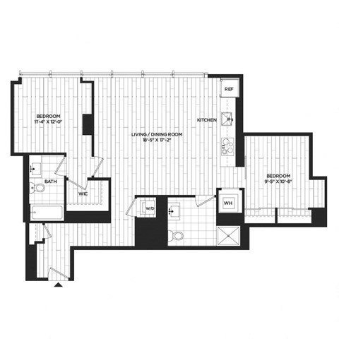 Floor plan for 2 beds, 2 baths, 991 sqft
