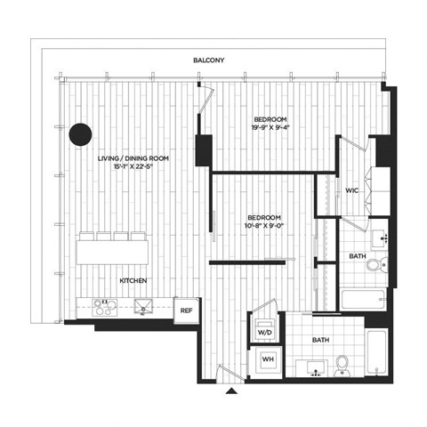 Floor plan for 2 beds, 2 baths, 1020 sqft