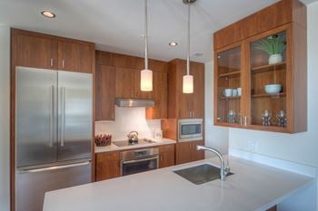Soft-close walnut cabinets with under cabinet led lighting