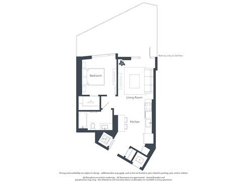 Floor plan for 1 bed, 1 bath, 619 sqft