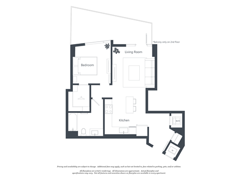 Floor plan for 1 bed, 1 bath, 668 sqft
