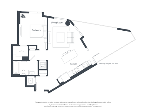 Floor plan for 1 bed, 1 bath, 718 sqft