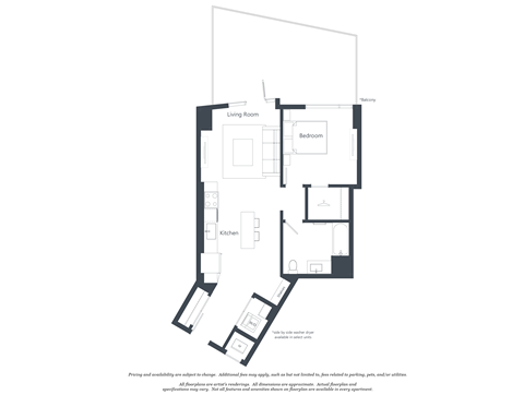 Floor plan for 1 bed, 1 bath, 754 sqft
