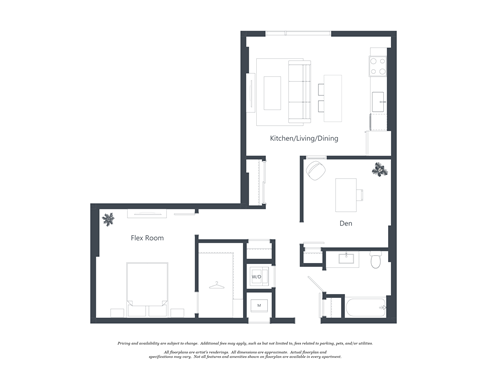 Floor plan for 1 bed, 1 bath, 875 sqft