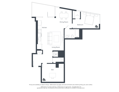 Floor plan for 1 bed, 1 bath, 1046 sqft
