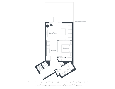 Floor plan for 1 bed, 1 bath, 590 sqft