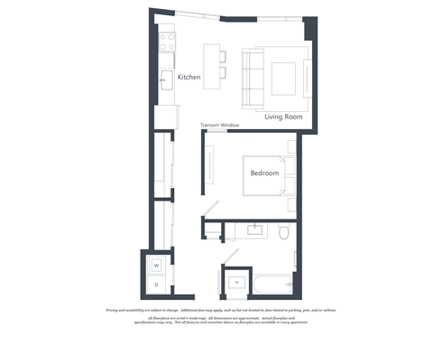 Floor plan for 1 bed, 1 bath, 665 sqft