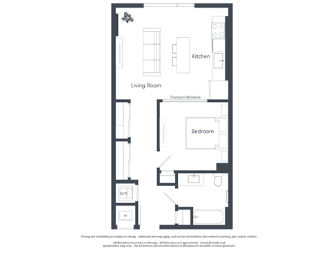 Floor plan for 1 bed, 1 bath, 627 sqft
