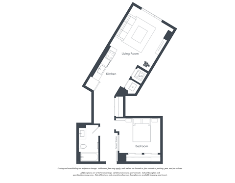 Floor plan for 1 bed, 1 bath, 681 sqft