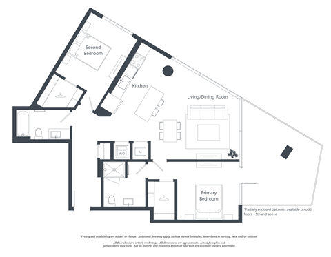 Floor plan for 2 beds, 2 baths, 1079 sqft