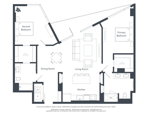 Floor plan for 2 beds, 2 baths, 1223 sqft