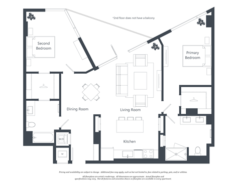 Floor plan for 2 beds, 2 baths, 1223 sqft