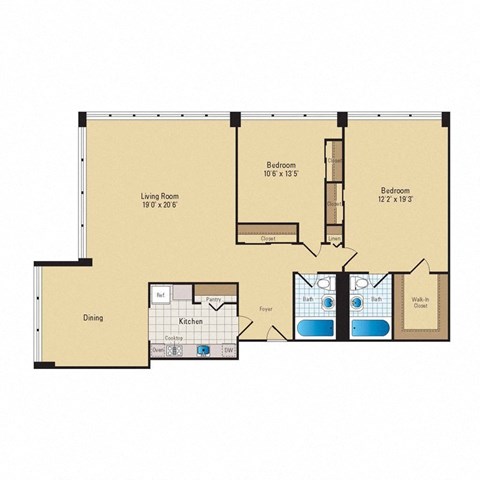 Floor plan for 2 beds, 2 baths, 1245 sqft