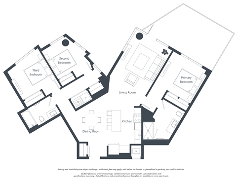 Floor plan for 3 beds, 2 baths, 1279 sqft