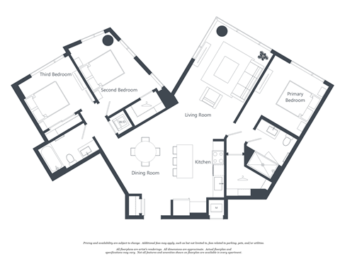 Floor plan for 3 beds, 2 baths, 1279 sqft