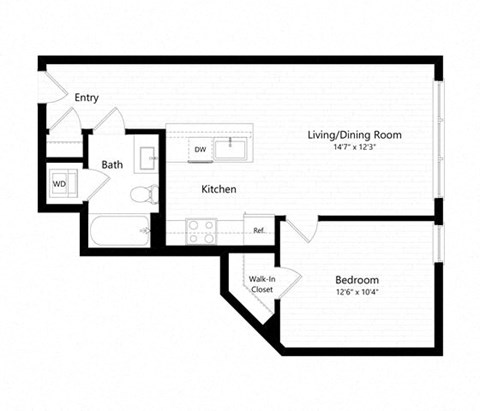 Floor plan for 1 bed, 1 bath, 627 sqft