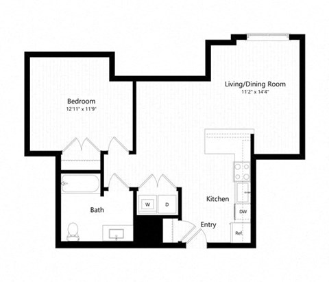 Floor plan for 1 bed, 1 bath, 701 sqft