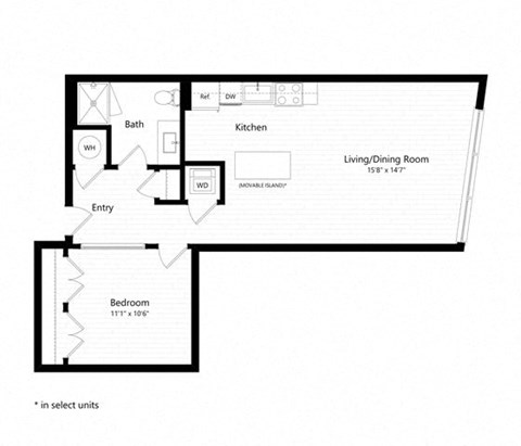 Floor plan for 1 bed, 1 bath, 719 sqft