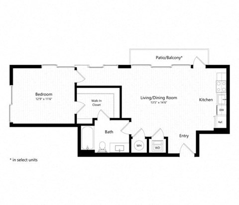 Floor plan for 1 bed, 1 bath, 716 sqft