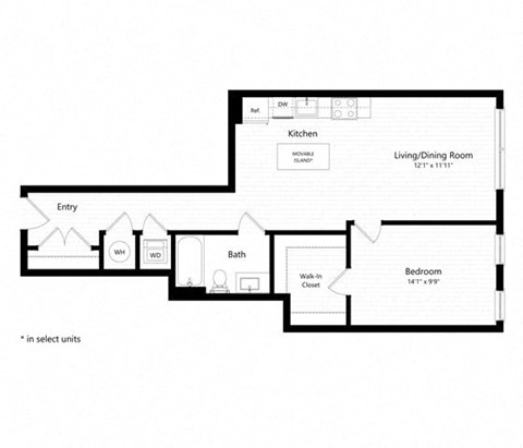 Floor plan for 1 bed, 1 bath, 756 sqft