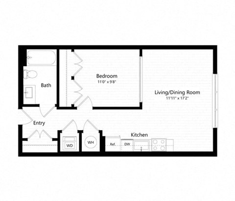 Floor plan for 1 bed, 1 bath, 588 sqft