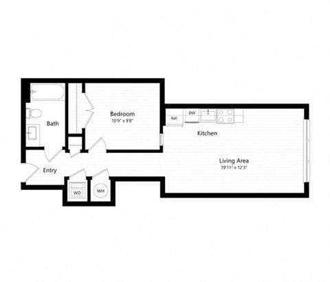Floor plan for 1 bed, 1 bath, 590 sqft