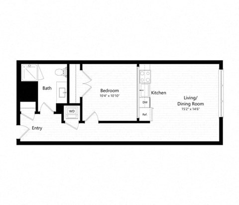 Floor plan for 1 bed, 1 bath, 592 sqft