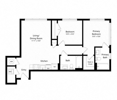 Floor plan for 2 beds, 2 baths, 841 sqft