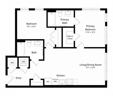 Floor plan for 2 beds, 2 baths, 883 sqft