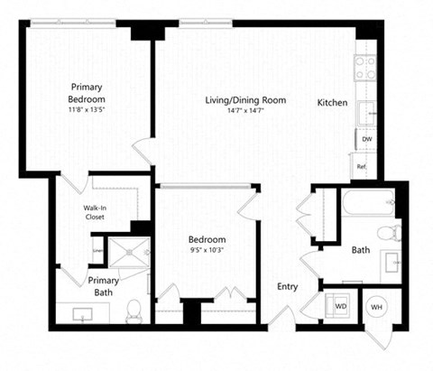 Floor plan for 2 beds, 2 baths, 967 sqft