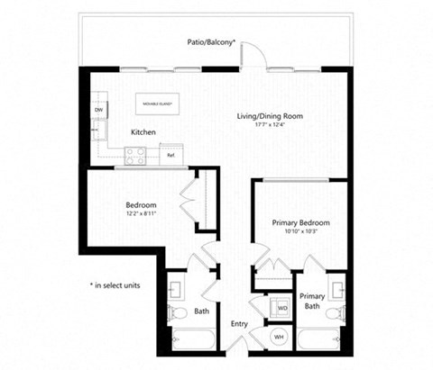 Floor plan for 2 beds, 2 baths, 906 sqft