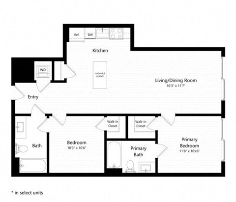 Floor plan for 2 beds, 2 baths, 927 sqft