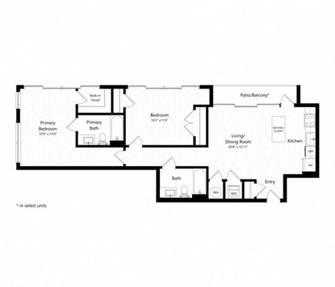 Floor plan for 2 beds, 2 baths, 1005 sqft
