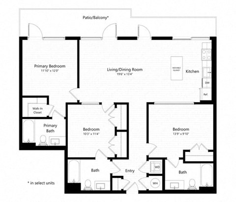Floor plan for 3 beds, 2 baths, 1280 sqft