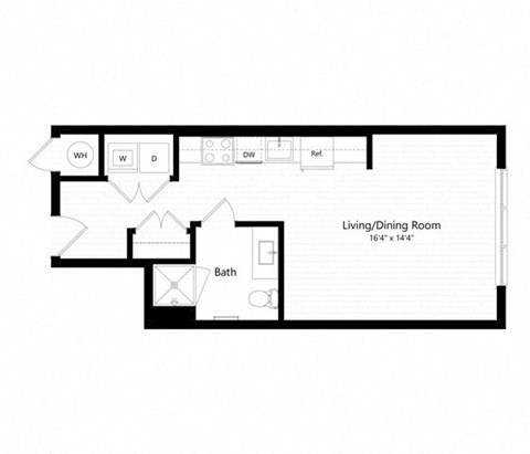 Floor plan for studio, 1 bath, 490 sqft