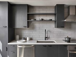 Washington apartment for rent - a small kitchen with black cabinets and a sink