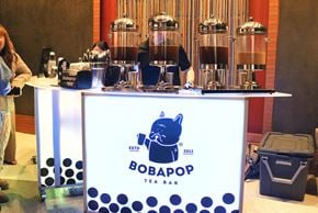 Arlington apartment for rent - A Bobapop Team Bar with a woman standing beside it.