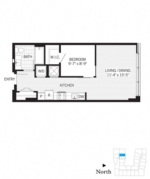 Floor plan for 1 bed, 1 bath, 567 sqft