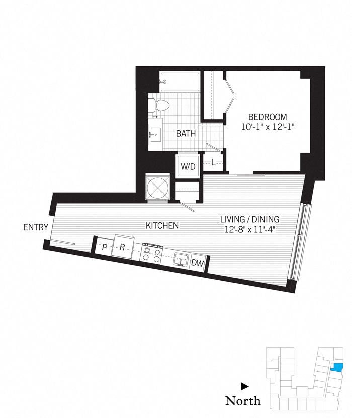 Floor plan for 1 bed, 1 bath, 611 sqft