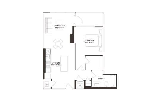 Floor plan for 1 bed, 1 bath, 736 sqft
