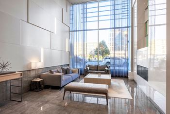 Lobby lounge area with fireplace