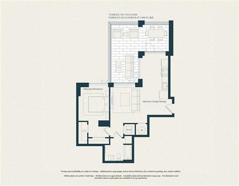 Floor plan for 1 bed, 1 bath, 654 sqft