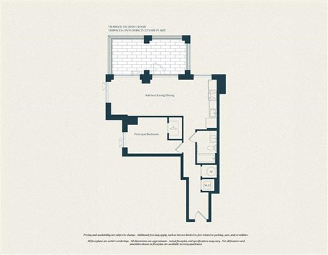 Floor plan for 1 bed, 1 bath, 688 sqft