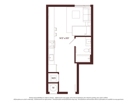 Floor plan for studio, 1 bath, 429 sqft