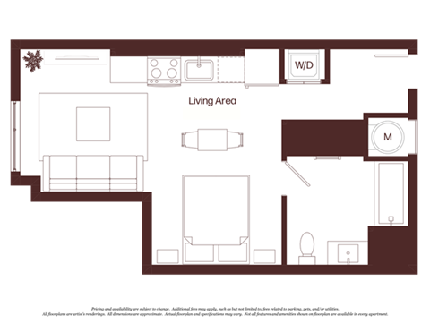 Floor plan for studio, 1 bath, 458 sqft