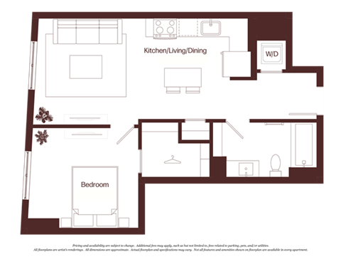 Floor plan for 1 bed, 1 bath, 639 sqft