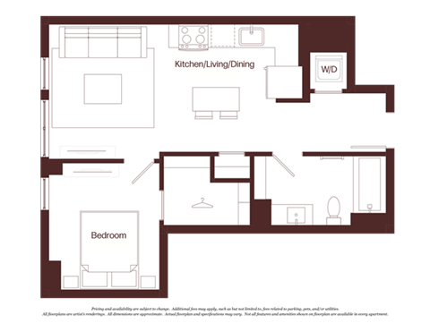Floor plan for 1 bed, 1 bath, 600 sqft