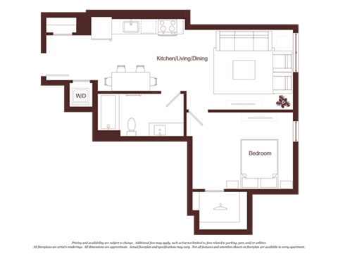 Floor plan for 1 bed, 1 bath, 665 sqft