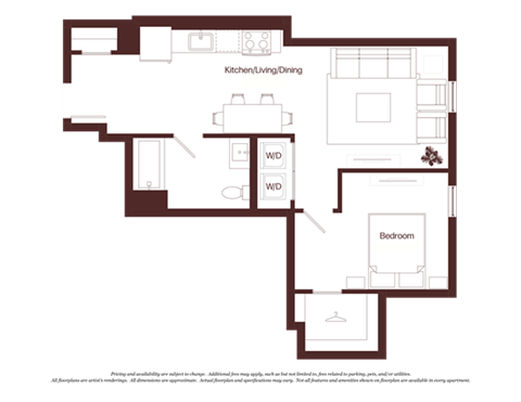 Floor plan for 1 bed, 1 bath, 665 sqft