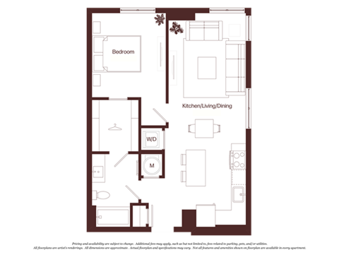 Floor plan for 1 bed, 1 bath, 693 sqft
